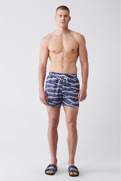 Avva Marineblaue, schnell trocknende, bedruckte Badeshorts für Herren E 003802