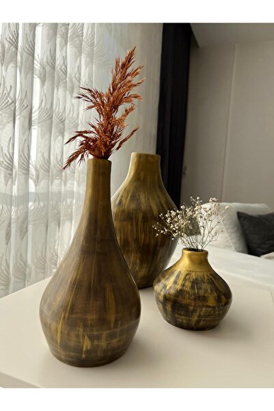 saramik üçlü seramik vazo, el yapımı seramik vazo, çömlek, dekoratif obje