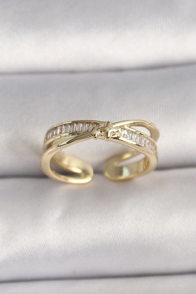 Store Brass Gold Color Zircon Stone Star Detailed Adjustable Women's Ring