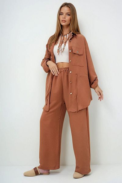 VAGGON Women's Brown Double Pocket Safari Jacket and Elastic Waist Wide Leg Aerobin Trousers Suit Ymx8448