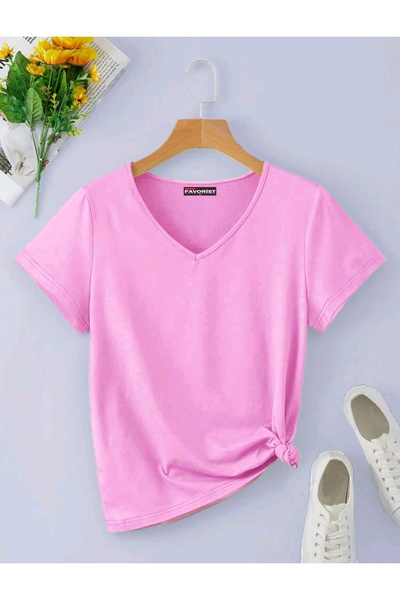 FAVORİST Tricou de bază din bumbac cu decolteu în V (uniformă fără model).