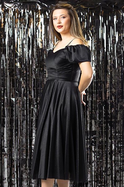 SUBU TASARIM Askılı Simli Abiye Elbise Siyah TBS376