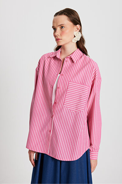 minaaise Fuşya Beyaz Çizgili Oversize Cepli Gömlek 27135