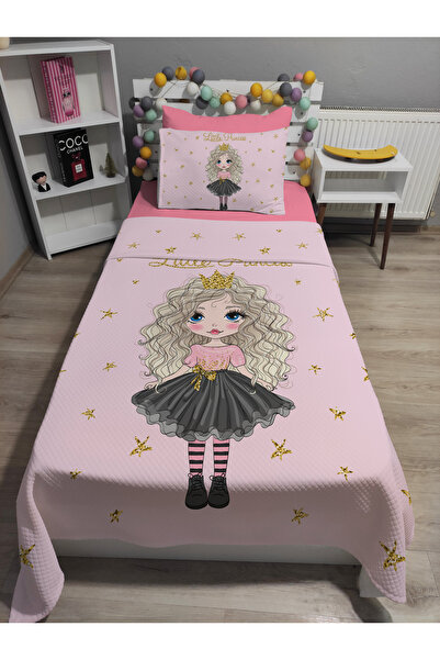 yok yok evim eve dair her şey 4 Piece Little Pirencess Patterned Pink Elastic Sheet Single Pique Bedspread Set