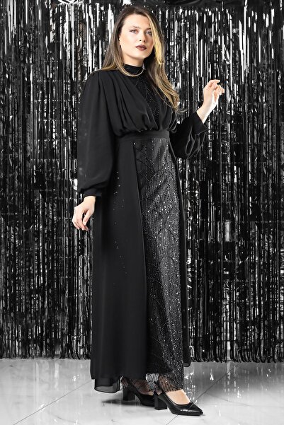 SUBU TASARIM Processing Detailed Chiffon Evening Dress Black Tbs954