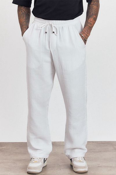 Helen Goods Premium Summer 100% Cotton Muslin Men's Linen Trousers with Elastic Waist