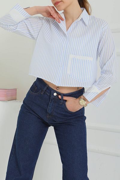 TOFİSA Striped Pocket Short Shirt Baby Blue - 27083