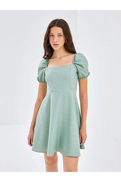 LC Waikiki Lc Wai̇ki̇ki̇ Blai̇s Green Square Collar Straight Short Sleeve Linen Look Women's Dress