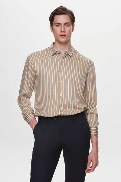 Twn Slim Fit Beige Striped Viscose Shirt