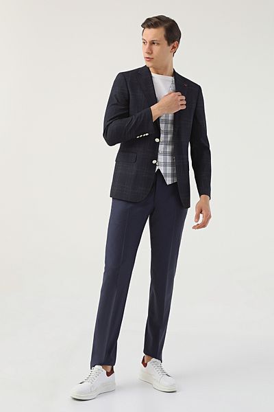 D'S Damat Ds Damat Slim Fit Navy Blue Dobby Suit with Combination
