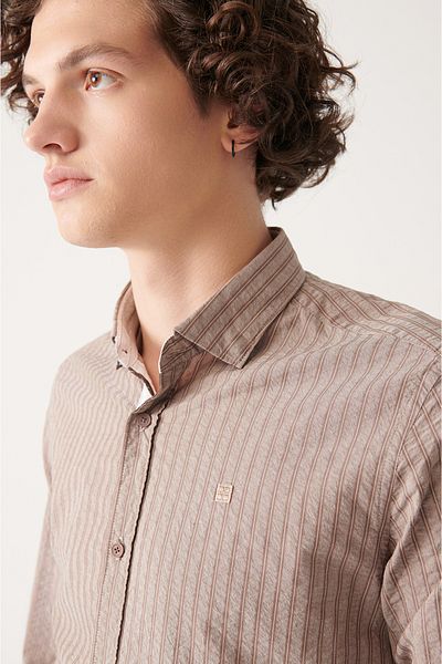 Avva Men's Brown Seersucker Striped Shirt A31Y2086