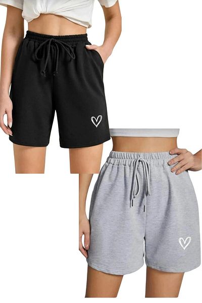 NO 601 Women's 2-Piece Classic Heart Printed Combed Cotton Shorts Gray-Black