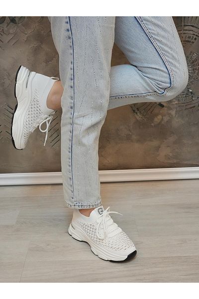 Guja 24Y309 Women's White Silvery Stone Shiny Knitwear Orthopedic Comfortable Daily Walking Sneaker Sports Shoes