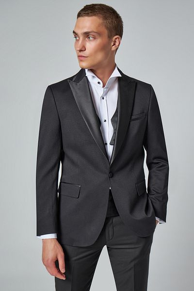 Twn Slim Fit Black Dobby Tuxedo Vest Suit