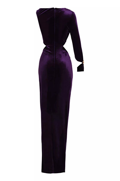 Keikei Mor kadife tek kol uzun elbise