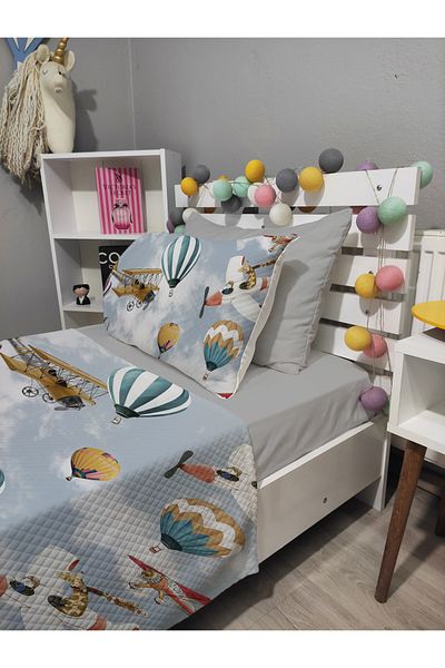 yok yok evim eve dair her şey 4 Piece Colorful Balloons Patterned Single Pique Bedspread Set with Elastic Sheets