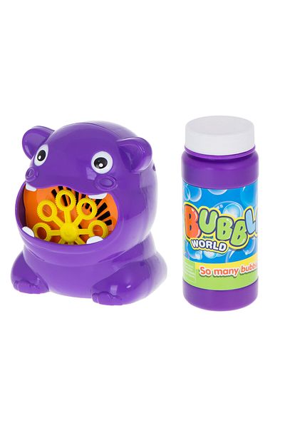 zola jucărie violetă, din plastic, în formă de hipopotam, pentru a face bule de săpun, cu o rezervă