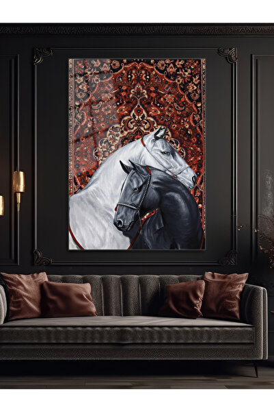 Genel Markalar Art Station Klasik Halı Desenli Siyah Beyaz At Cam Tablo - Mod...