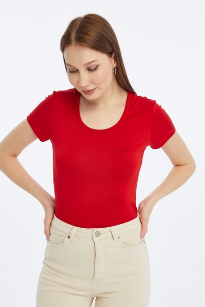 Pawle Women's Red Crew Neck Short Sleeve Blouse