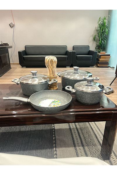 aljahwari 14-piece Turkish cookware set, marble, stainless steel lid