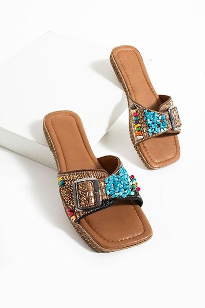 diclepolat Women's Stone Buckle Flat Sole Slippers Tan Prague