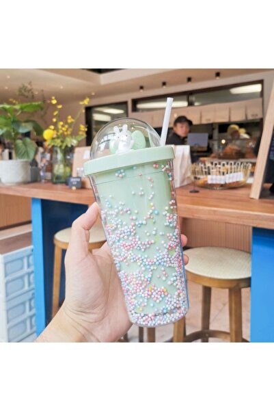 Livava Tavşanlı Işıklı ve Pipetli Bardak, 450 ml, Boncuklu ve Kapaklı, Yeşil,...