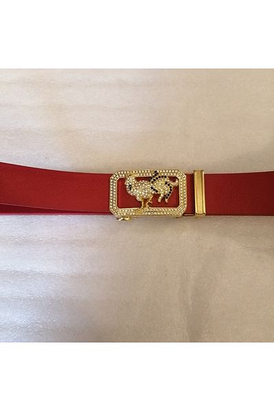 Butik Tülin Unisex Handmade Genuine Cowhide Leather Red Gold Cutout Shiny Crystal Stone Cock Automatic Buckle Belt