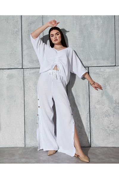 DAPHN Muslin Top and Bottom Set Summer, Lightweight Fabric, Drawstring and Button Detail