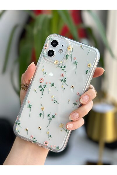 Go Aksesuar Iphone 11 Uyumlu Krem Çiçek Desenli Kameralar Korumalı Kılıf