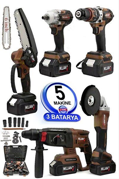 Millian Şarjlı 5 Makine 3 Batarya Akülü Kömürsüz Hilti - Taşlama - Somun Sökme Sıkma - Matkap - Dal Budama