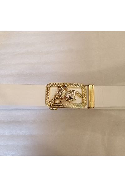 Butik Tülin Unisex Handmade Genuine Cowhide White Gold Cutout Shiny Crystal Stone Horse Automatic Buckle Belt