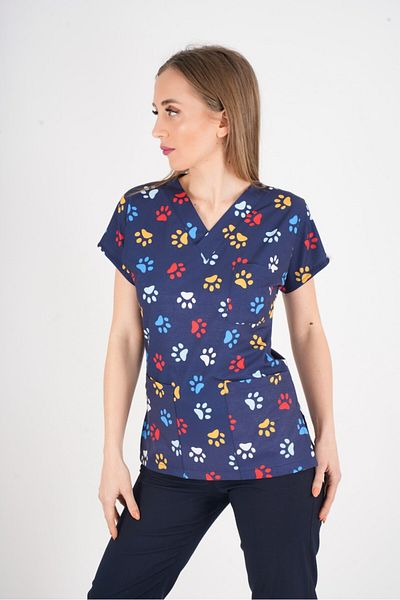Nur Medikal Giyim Uniformă unisex cu model de labe pentru medic veterinar, asistentă, spital