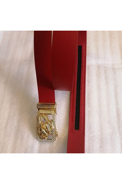 Butik Tülin Unisex Handmade Genuine Cowhide Leather Red Gold Cutout Shiny Crystal Stone Dragon Automatic Buckle Belt