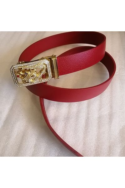 Butik Tülin Unisex Handmade Genuine Cowhide Leather Red Gold Cutout Shiny Crystal Stone Dragon Automatic Buckle Belt