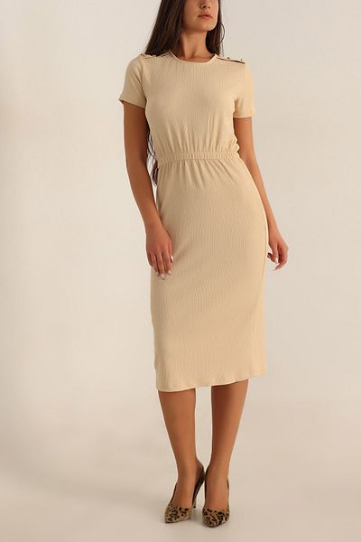 NeednStore Women's Beige Elastic Waist Button Detailed Epaulet Design Round Neck Wrap Midi Knitwear Dress Blouse