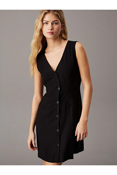 Calvin Klein Kadın Kalın Askılı Diz Üstü Önden Düğme Kapama Reqular Fit Siyah Elbise J20J225271-BEH