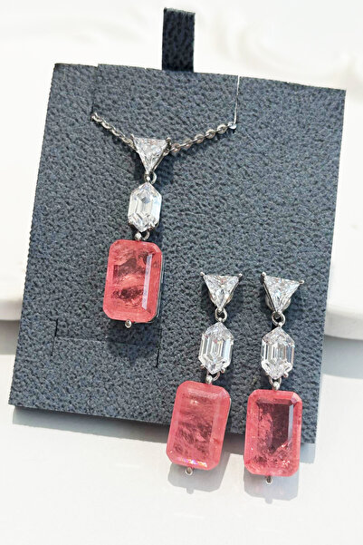DM AKSESUAR 925 Ayar Gümüş Pembe Paraiba Turmalin Taşlı Set Kolye Küpe Takım