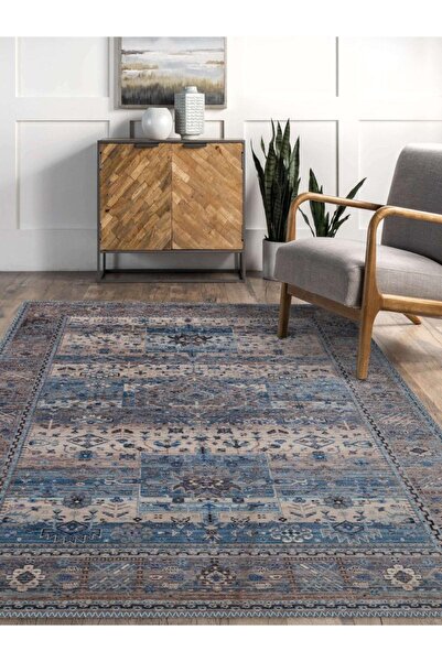 Serteks Vintage Eskitme Desenli Halı, Dokuma Taban Dekoratif Şönil