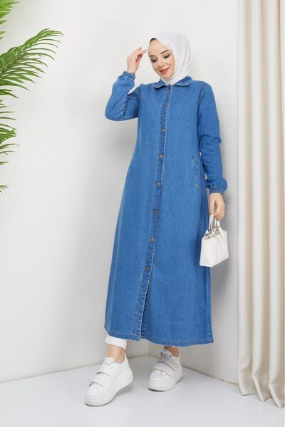 Pamuk Butik Șapcă de damă din denim cu închidere cu nasturi Hijab din denim