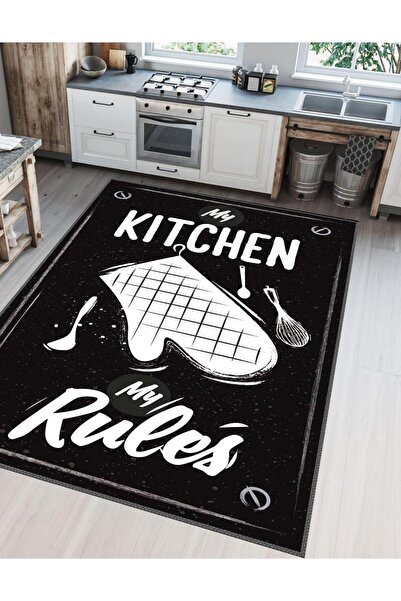 Serteks Kitchen Siyah Beyaz Kaymaz Tabanlı Makinede Yıkanabilir Mutfak Halısı