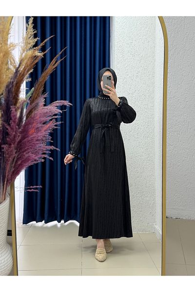 Ebrar Store Black Hafsa Ties on the Sleeves Jacquard Dress El1888