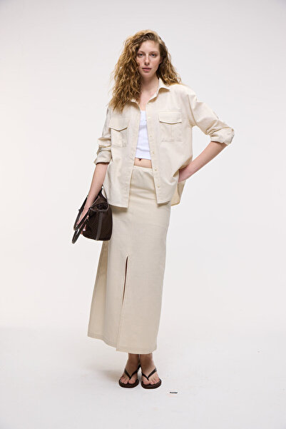 ETHIQUET IVERN Fusta pentru femei &100 Cotton Side cu fantă Confortabilă croială Bej