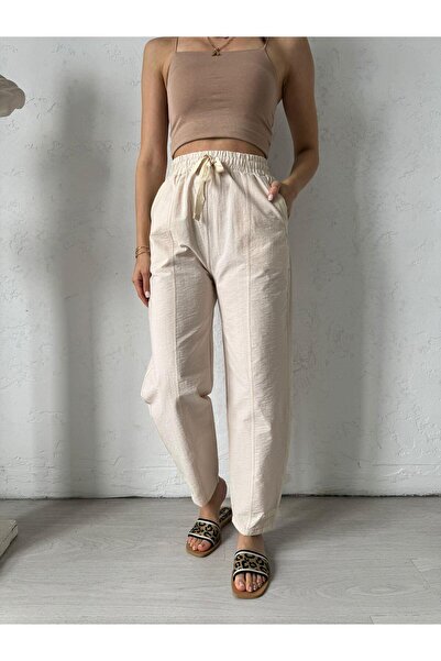 Nura Francy Women's Full Length Linen Parachute Fabric Mixed Summer Pants Extra High Waist