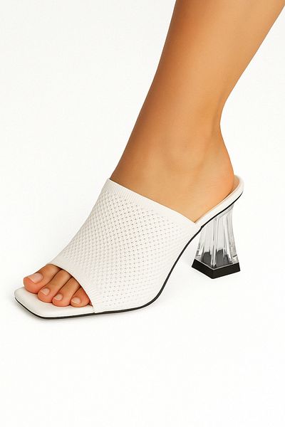 BESKAR White Knitwear Transparent Heeled Akva Slippers