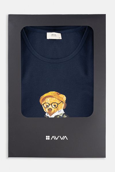 Avva Ανδρικό Navy Blue Crew Neck 100% βαμβακερό καρό σετ πιτζάμες με ειδικό κουτί E 003303