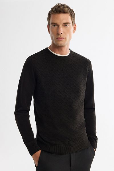 Avva Men's Black Crew Neck Textured Knitwear Sweater E 005107