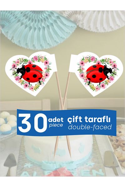 Home Ladybug and Flower Framed Heart Model Cake Presentation Toothpick 10cm 30 Pcs