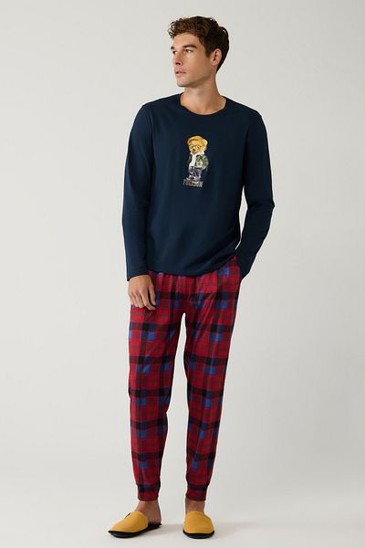 Avva Ανδρικό Navy Blue Crew Neck 100% βαμβακερό καρό σετ πιτζάμες με ειδικό κουτί E 003303