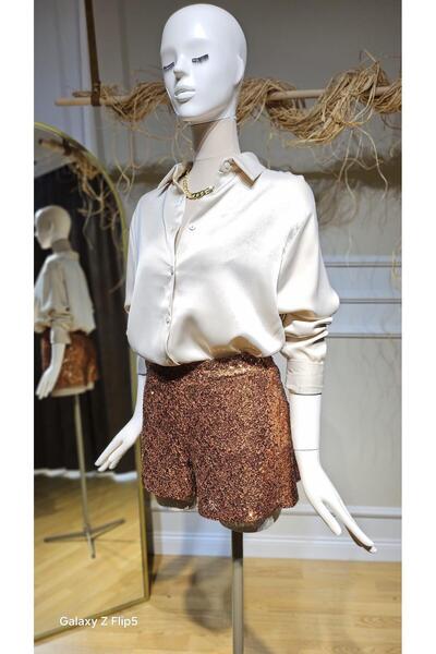 Thil Bakır Renk Pul Payet Astarlı Yan Fermuarlı Şort