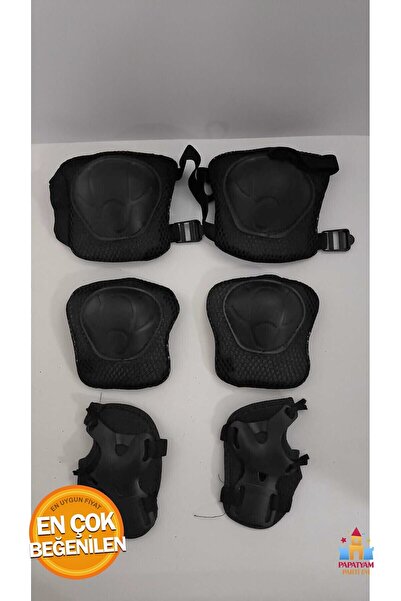 PapatyamPartiEvi Çocuk Koruyucu Set Dizlik Dirseklik Bileklik 6 Parça Paten Scooter Bisiklet Kaykay Koruyucu Siyah